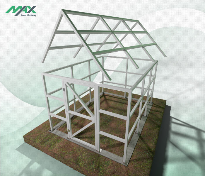 Esquema de estructura de acero pintada, con puerta y pendiente a dos aguas