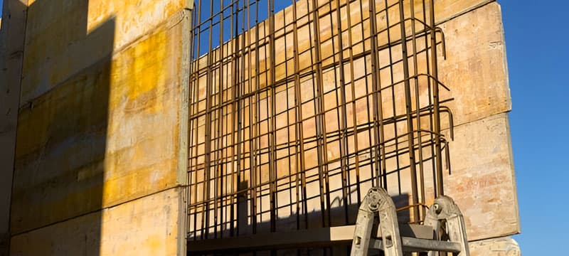 Encofrado de madera en el acero de refuerzo de un muro