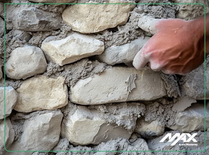 Pegado de piedras con mortero para muro de mampostería